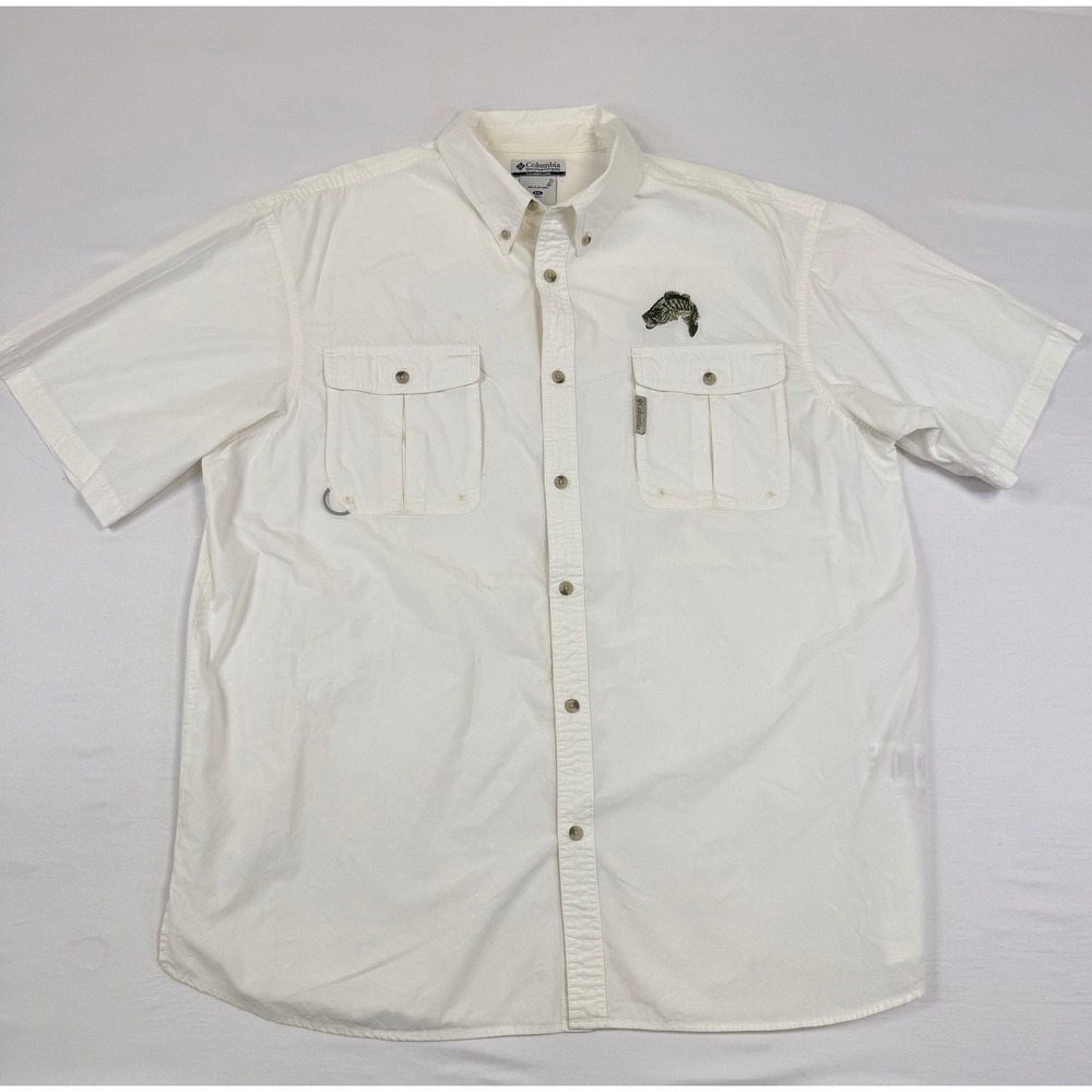 Columbia PFG White Short Sleeve Fishing Shirt Mens XXL Embroidered Bass Cotton